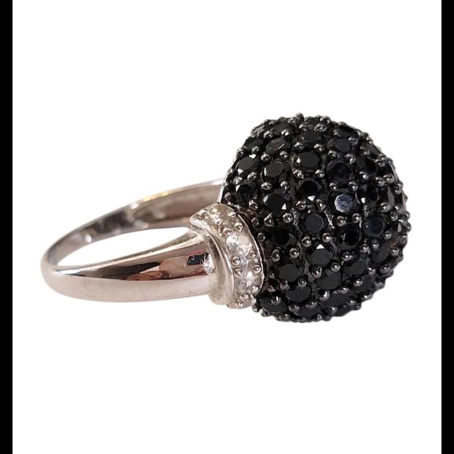 Sterling & White Gold Black Spinel & Diamonds Disco Ball Dome Ring Sz 10.25